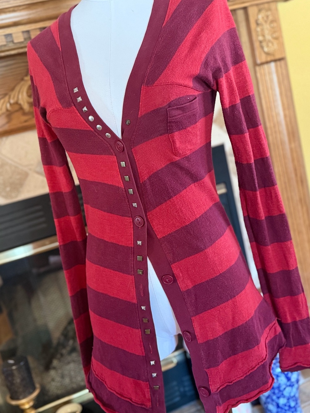 HTF Free People We The Free Red and Burgundy Striped Stud-Trim Cardigan Size Med
